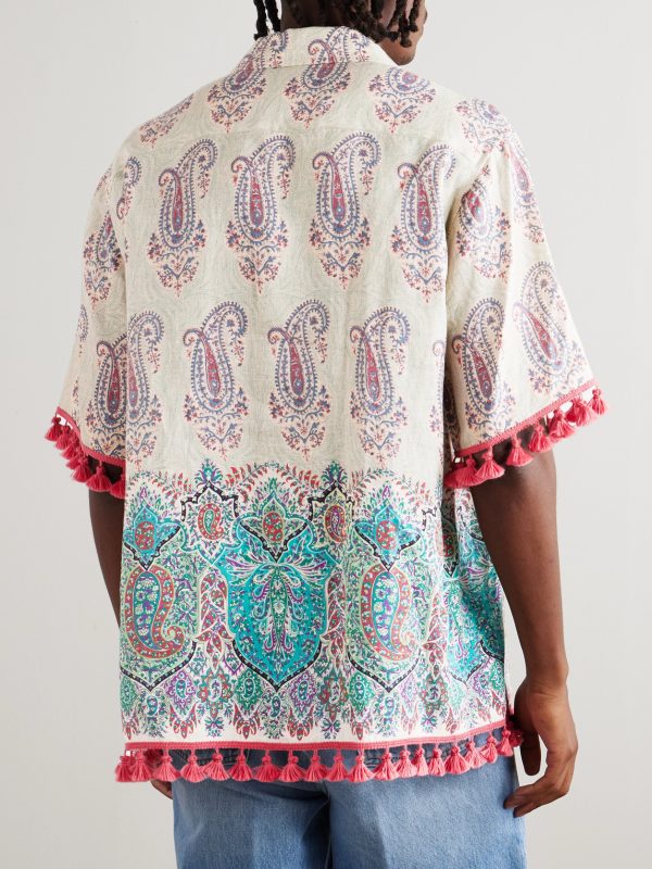 Voyage Imaginaire Camp-Collar Tasseled Paisley-Print Linen Shirt - BK Voyage Imaginaire Camp-Collar Tasseled Paisley-Print Linen Shirt - BK