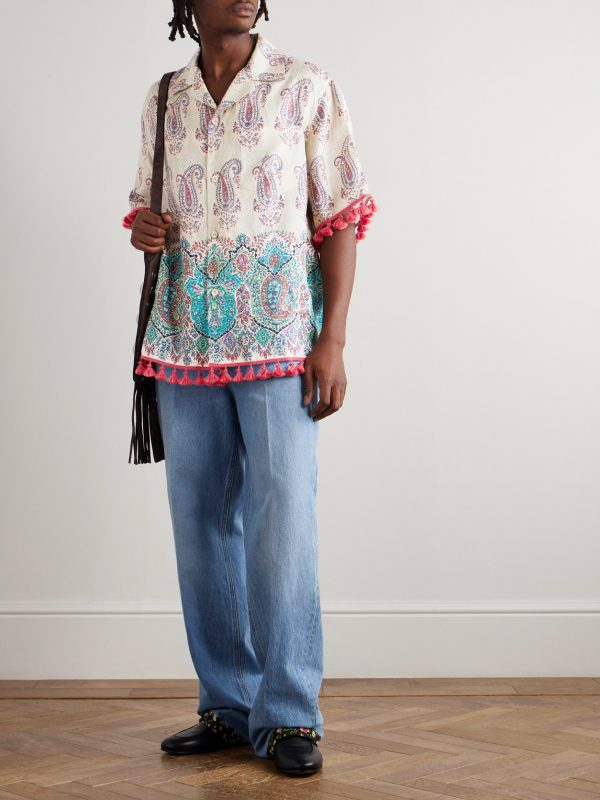 Voyage Imaginaire Camp-Collar Tasseled Paisley-Print Linen Shirt - OU Voyage Imaginaire Camp-Collar Tasseled Paisley-Print Linen Shirt - OU
