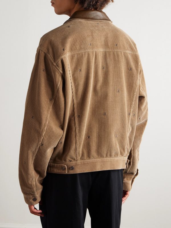 Leather-Trimmed Logo-Embroidered Cotton-Corduroy Trucker Jacket - BK