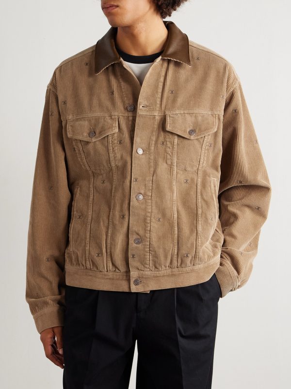 Leather-Trimmed Logo-Embroidered Cotton-Corduroy Trucker Jacket - FR