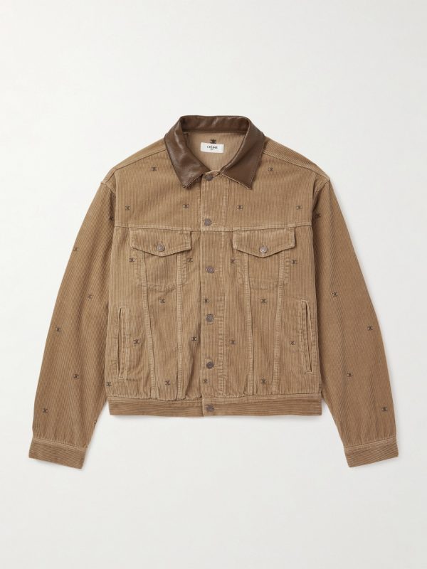 Leather-Trimmed Logo-Embroidered Cotton-Corduroy Trucker Jacket