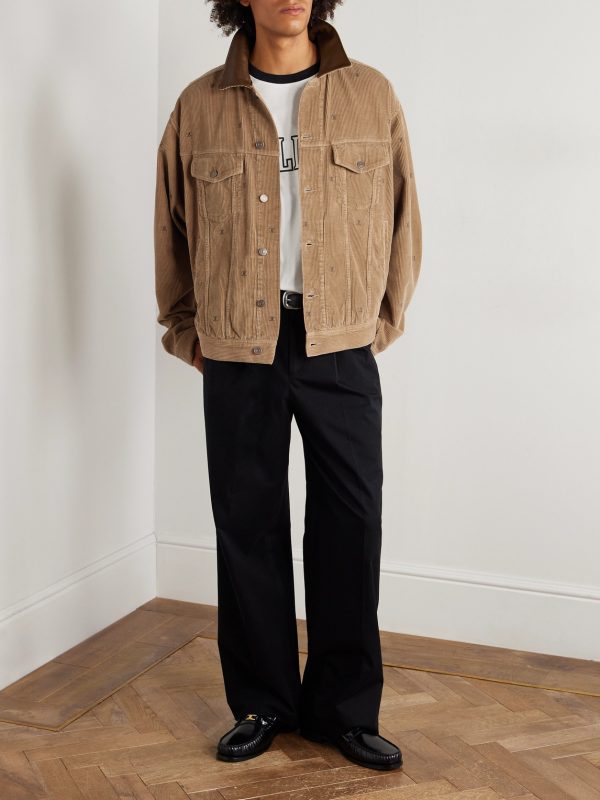Leather-Trimmed Logo-Embroidered Cotton-Corduroy Trucker Jacket - OU