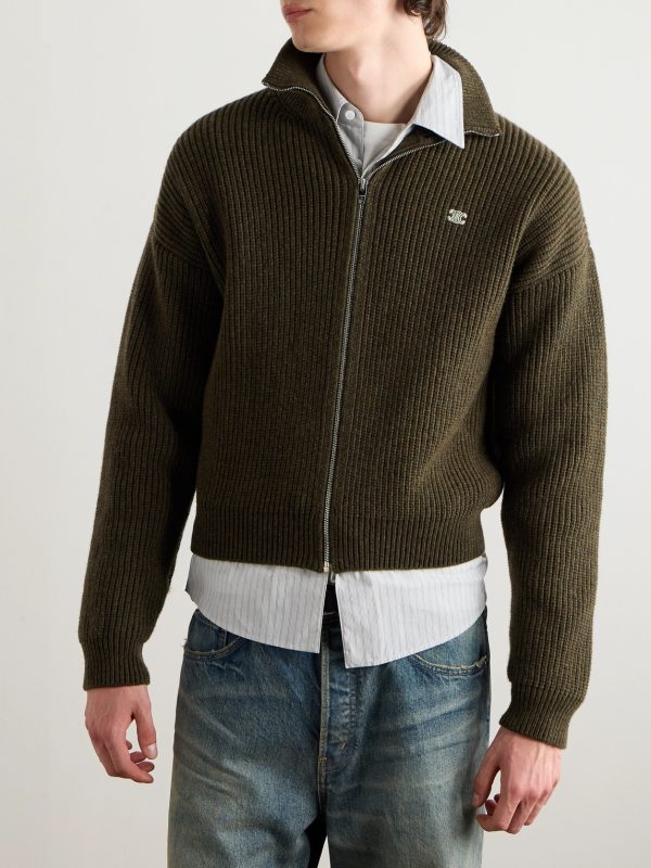 Logo-Embroirdered Ribbed Wool Zip-Up Cardigan - FR Logo-Embroirdered Ribbed Wool Zip-Up Cardigan - FR