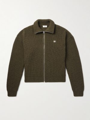 Logo-Embroirdered Ribbed Wool Zip-Up Cardigan Logo-Embroirdered Ribbed Wool Zip-Up Cardigan