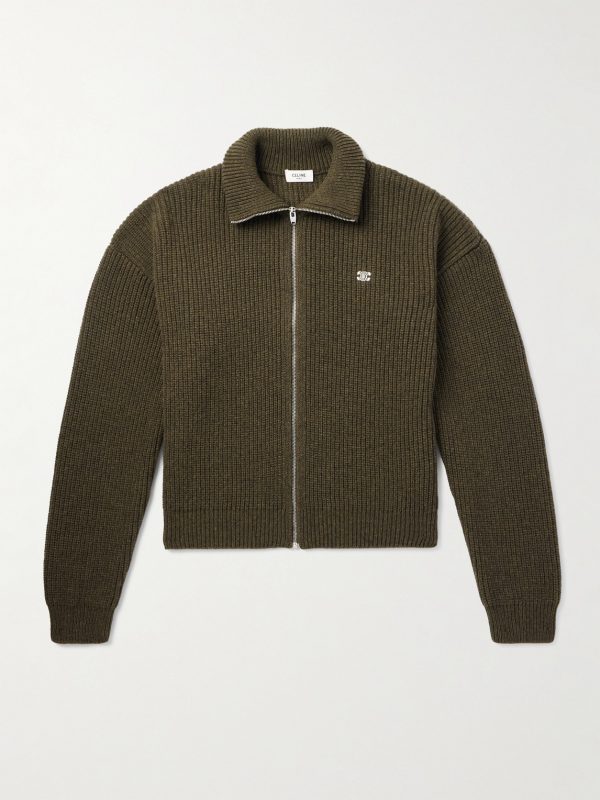 Logo-Embroirdered Ribbed Wool Zip-Up Cardigan Logo-Embroirdered Ribbed Wool Zip-Up Cardigan