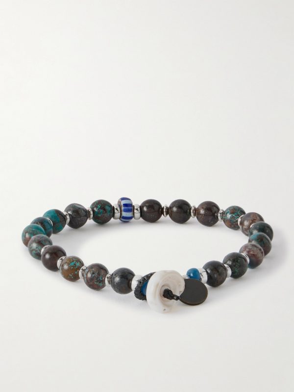 Sterling Silver, Chrysocolla and Shell Beaded Bracelet - BK