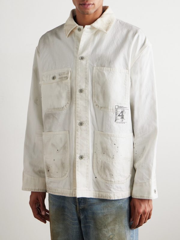 Corduroy-Trimmed Paint-Splattered Denim Jacket - FR