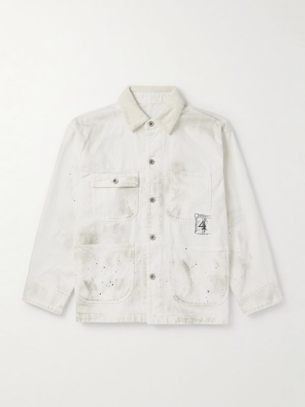 Corduroy-Trimmed Paint-Splattered Denim Jacket
