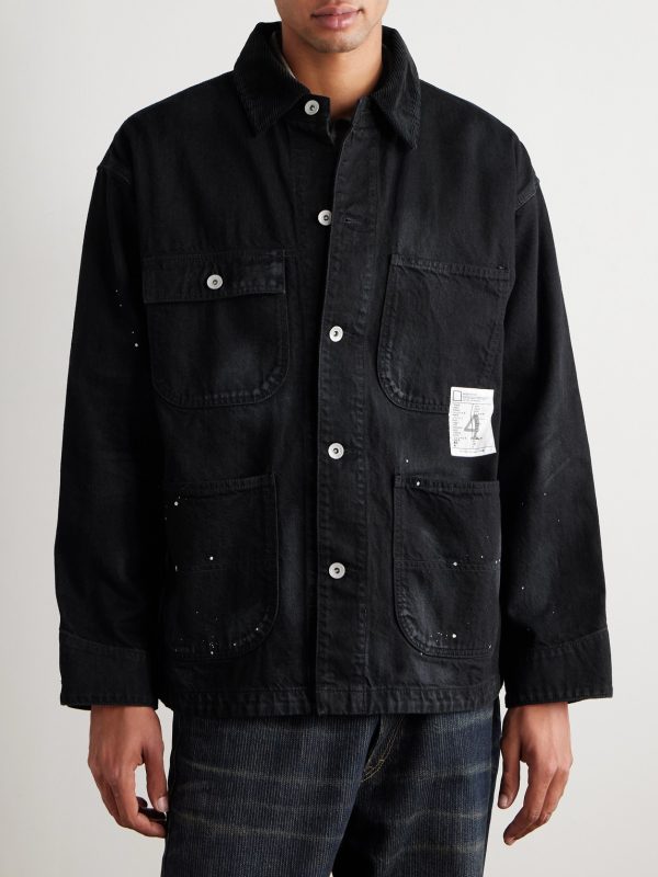 Corduroy-Trimmed Paint-Splattered Denim Jacket - FR Corduroy-Trimmed Paint-Splattered Denim Jacket - FR
