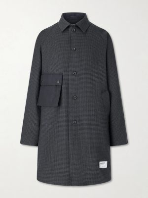 Taffeta-Trimmed Houndstooth Woven Car Coat
