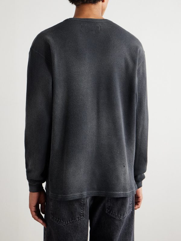 + OOTD Distressed Printed Waffle-Knit Cotton T-Shirt - BK