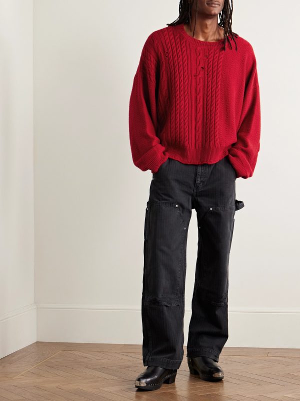 Distressed Cable-Knit Cashmere Sweater - OU Distressed Cable-Knit Cashmere Sweater - OU