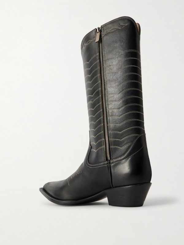 Split Ends Embroidered Leather Boots - BK