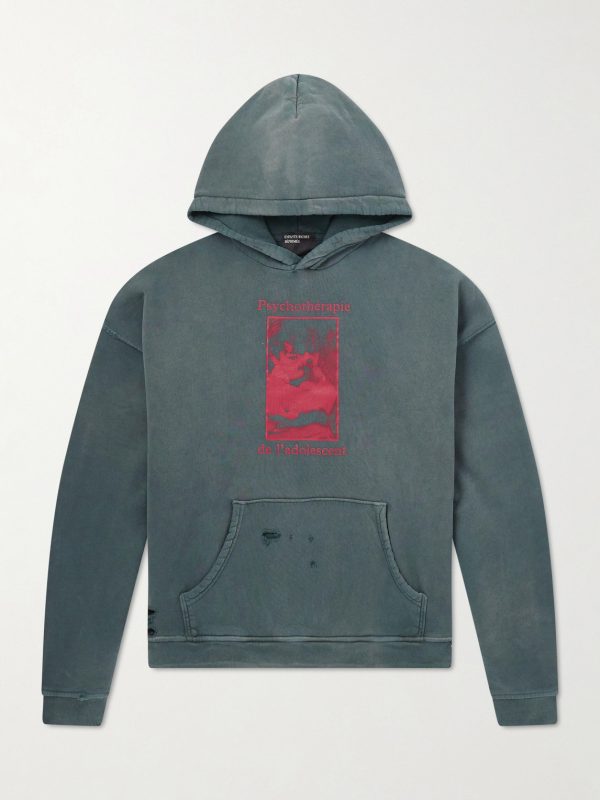 Psychothérapie de L'adolescent Printed Distressed Cotton-Jersey Hoodie Psychothérapie de L'adolescent Printed Distressed Cotton-Jersey Hoodie