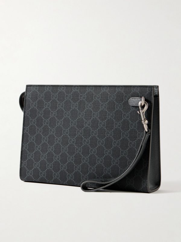 Leather-Trimmed Monogrammed Coated-Canvas Pouch - BK Leather-Trimmed Monogrammed Coated-Canvas Pouch - BK