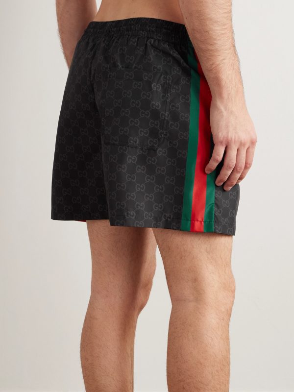 Straight-Leg Mid-Length Logo-Print Striped Swim Shorts - BK Straight-Leg Mid-Length Logo-Print Striped Swim Shorts - BK