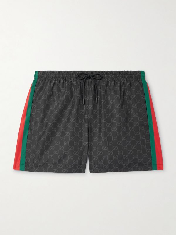 Straight-Leg Mid-Length Logo-Print Striped Swim Shorts Straight-Leg Mid-Length Logo-Print Striped Swim Shorts