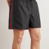 Straight-Leg Mid-Length Logo-Print Striped Swim Shorts - OU Straight-Leg Mid-Length Logo-Print Striped Swim Shorts - OU