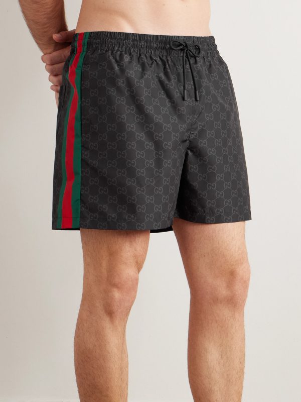 Straight-Leg Mid-Length Logo-Print Striped Swim Shorts - OU Straight-Leg Mid-Length Logo-Print Striped Swim Shorts - OU