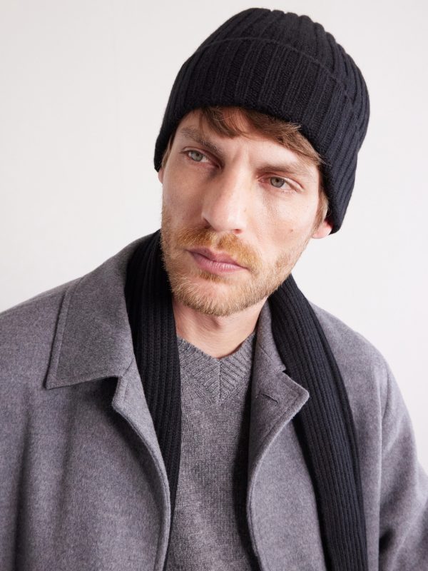 Ribbed Cashmere Beanie and Scarf Set - BK Ribbed Cashmere Beanie and Scarf Set - BK