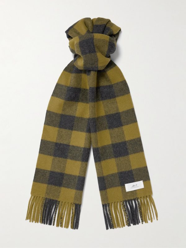 Logo-Appliquéd Fringed Checked Wool and Cashmere-Blend Scarf Logo-Appliquéd Fringed Checked Wool and Cashmere-Blend Scarf