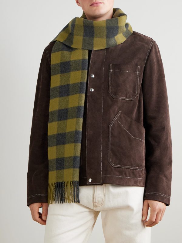 Logo-Appliquéd Fringed Checked Wool and Cashmere-Blend Scarf - OU Logo-Appliquéd Fringed Checked Wool and Cashmere-Blend Scarf - OU