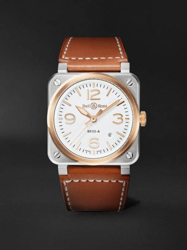 BR-03 Automatic 41mm 18-Karat Rose Gold, Steel and Leather Watch, Ref. No. BR03A-WH-STPG/SCA
