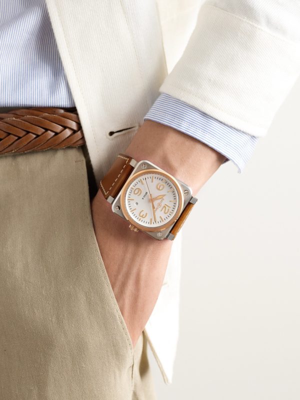 BR-03 Automatic 41mm 18-Karat Rose Gold, Steel and Leather Watch, Ref. No. BR03A-WH-STPG/SCA - OU