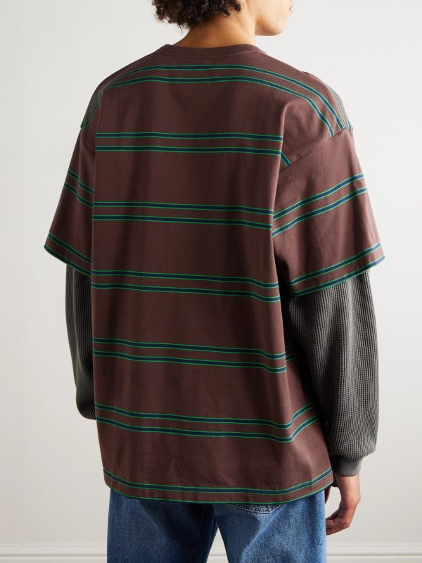 Waffle-Knit Trimmed Logo-Embroidered Striped Cotton-Jersey T-Shirt - BK