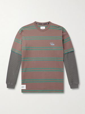 Waffle-Knit Trimmed Logo-Embroidered Striped Cotton-Jersey T-Shirt Waffle-Knit Trimmed Logo-Embroidered Striped Cotton-Jersey T-Shirt