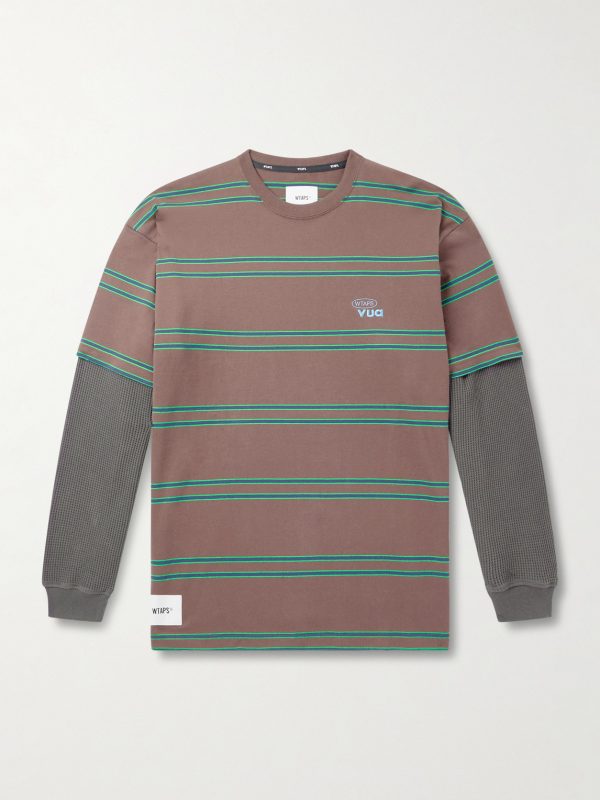 Waffle-Knit Trimmed Logo-Embroidered Striped Cotton-Jersey T-Shirt
