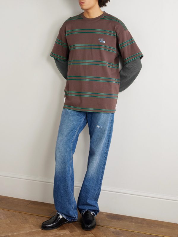 Waffle-Knit Trimmed Logo-Embroidered Striped Cotton-Jersey T-Shirt - OU