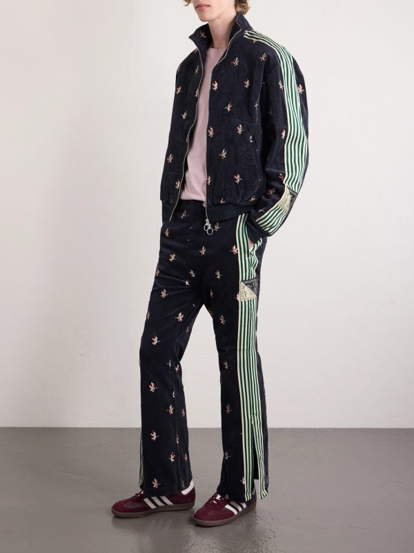 Cropped Flared Webbing-Trimmed Embroidered Cotton-Blend Corduroy Sweatpants - OU Cropped Flared Webbing-Trimmed Embroidered Cotton-Blend Corduroy Sweatpants - OU