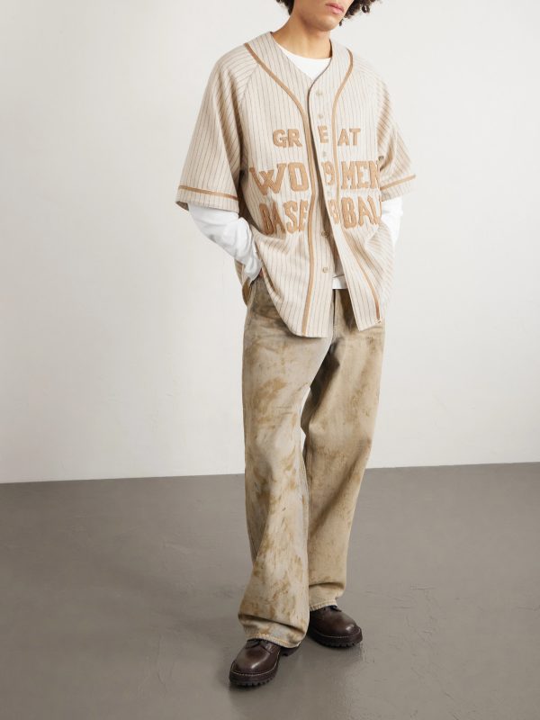 Oversized Striped Appliquéd Wool-Blend Shirt - OU Oversized Striped Appliquéd Wool-Blend Shirt - OU