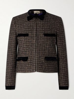 Cotton Velvet-Trimmed Houndstooth Wool-Blend Jacket Cotton Velvet-Trimmed Houndstooth Wool-Blend Jacket