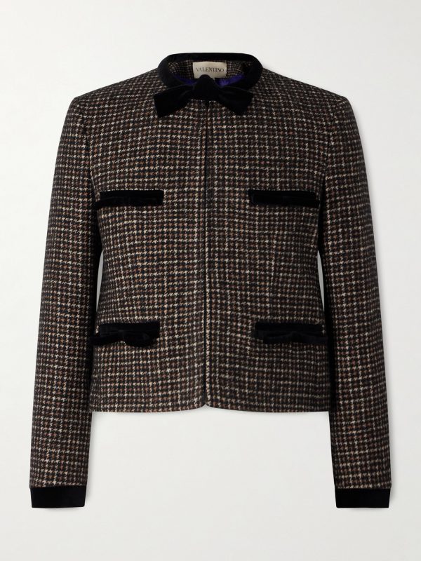 Cotton Velvet-Trimmed Houndstooth Wool-Blend Jacket