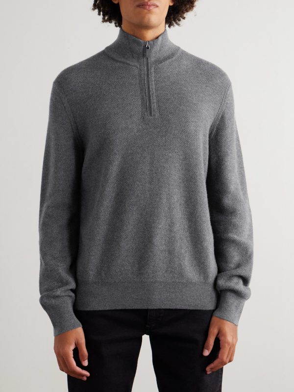 Leather-Trimmed Oasi Cashmere Half-Zip Sweater - FR Leather-Trimmed Oasi Cashmere Half-Zip Sweater - FR