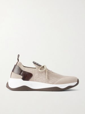 Shadow Leather-Trimmed Stretch-Knit Sneakers Shadow Leather-Trimmed Stretch-Knit Sneakers