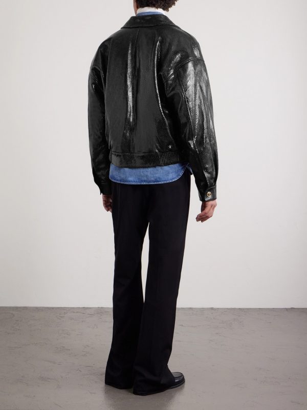 Padded Snake-Effect Leather Blouson Jacket - BK