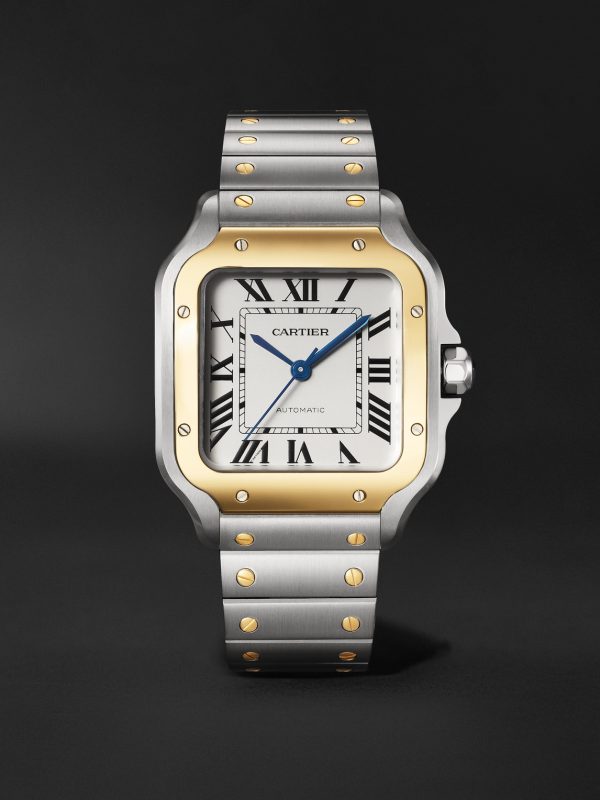 Santos de Cartier Medium Automatic 35.1mm Interchangeable 18-Karat Gold, Stainless Steel and Leather Watch, Ref. No. W2SA0016 Santos de Cartier Medium Automatic 35.1mm Interchangeable 18-Karat Gold, Stainless Steel and Leather Watch, Ref. No. W2SA0016