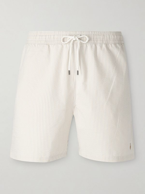Mid-Length Cotton-Blend Seersucker Swim Shorts
