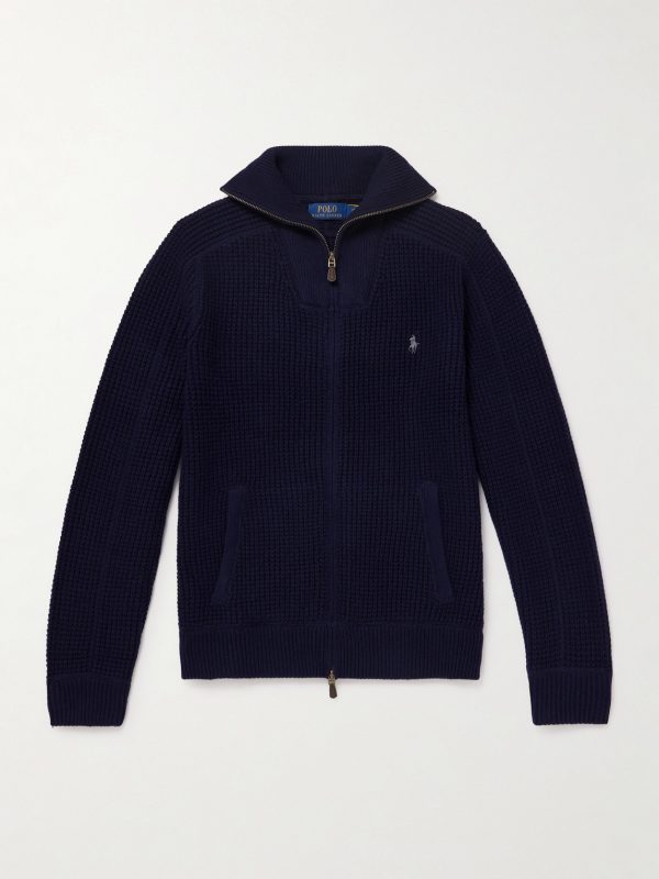 Logo-Embroidered Ribbed-Knit Wool and Cotton-Blend Cardigan