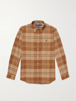 Button-Down Collar Logo-Embroidered Checked Cotton-Blend Twill Shirt Button-Down Collar Logo-Embroidered Checked Cotton-Blend Twill Shirt