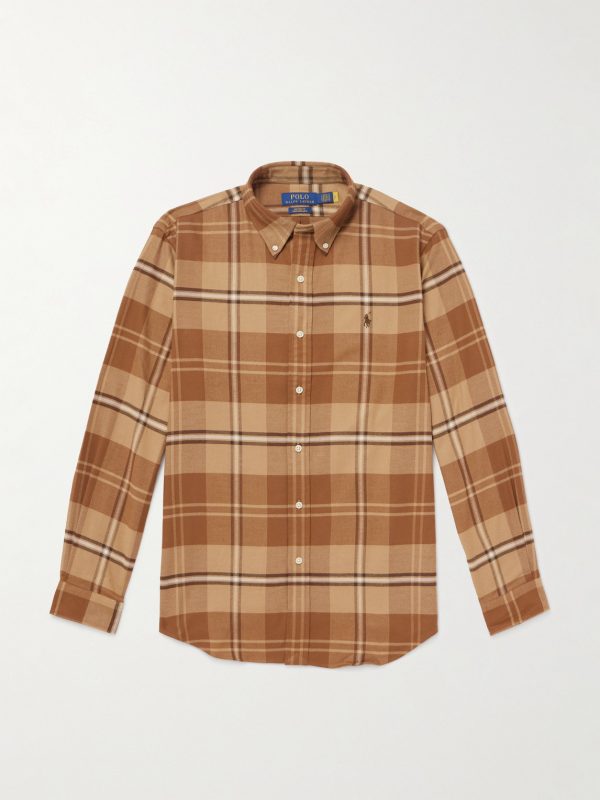 Button-Down Collar Logo-Embroidered Checked Cotton-Blend Twill Shirt Button-Down Collar Logo-Embroidered Checked Cotton-Blend Twill Shirt