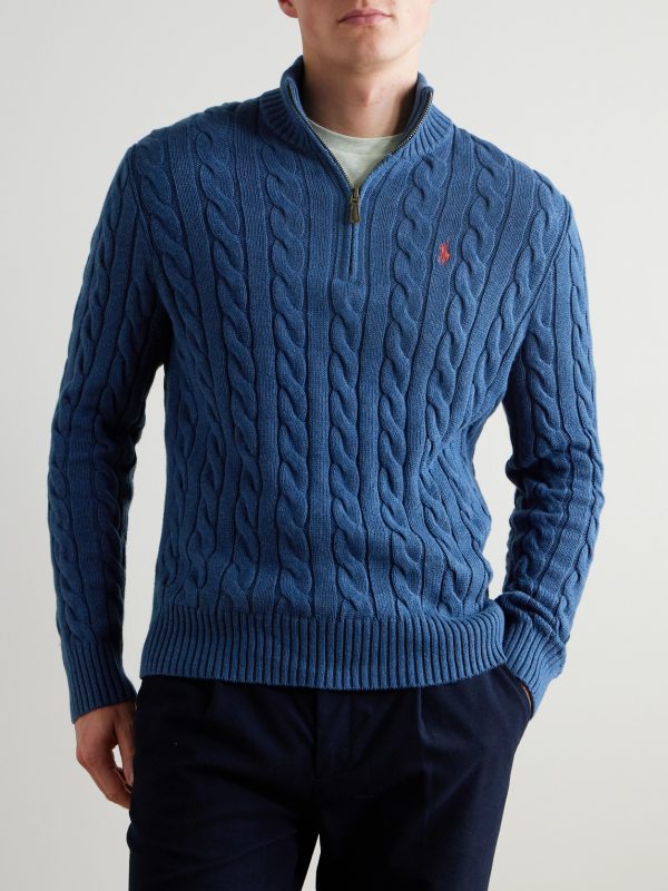 Logo-Embroidered Cable-Knit Cotton Half-Zip Sweater - FR