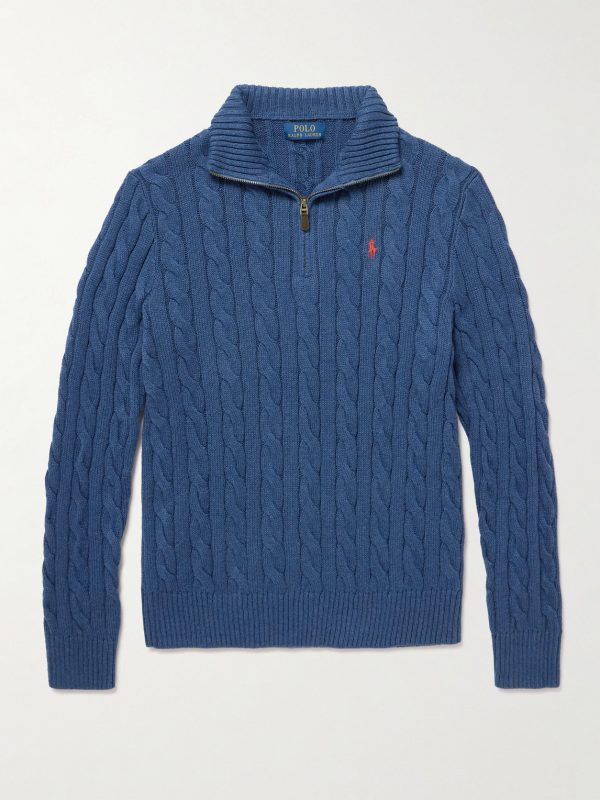 Logo-Embroidered Cable-Knit Cotton Half-Zip Sweater