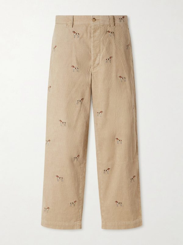 Straight-Leg Embroidered Cotton-Corduroy Trousers