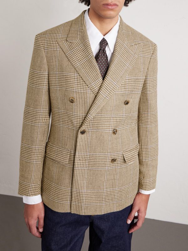 Double-Breasted Prince of Wales Checked Silk, Wool and Linen-Blend Blazer - FR Double-Breasted Prince of Wales Checked Silk, Wool and Linen-Blend Blazer - FR