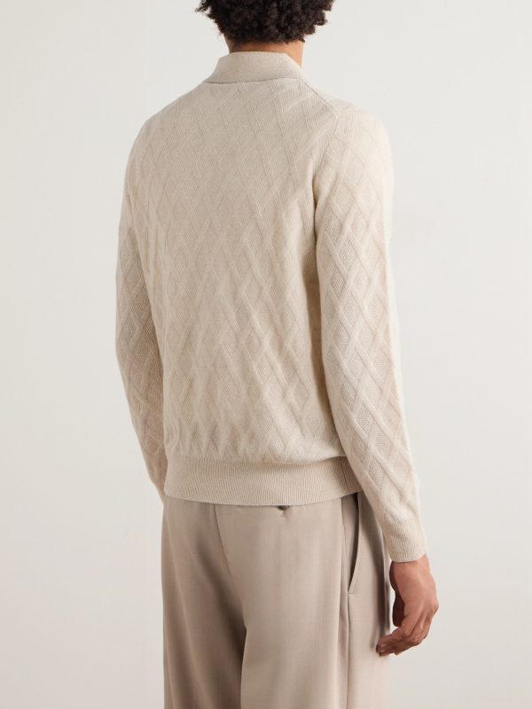 Cable-Knit Wool and Cashmere-Blend Polo Shirt - BK Cable-Knit Wool and Cashmere-Blend Polo Shirt - BK