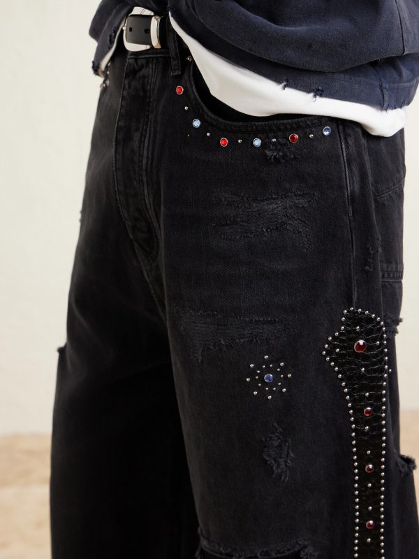 Straight-Leg Distressed Studded Jeans - CU Straight-Leg Distressed Studded Jeans - CU